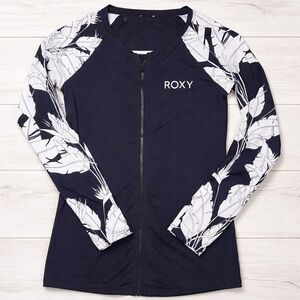 Roxy Navy Zip-Front Long Sleeve Rash Guard with White Floral Sleeves